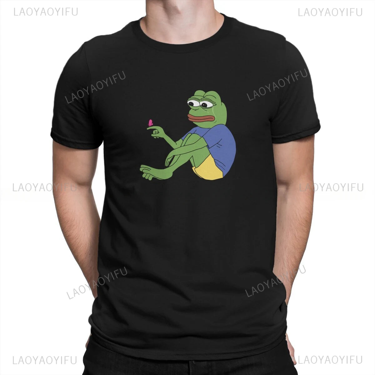 Butterfly Landing on Finger Man's Cotton TShirt Kawaii Pepe Frog Animal Crewneck Short Sleeve Humor Gift Idea Y2k T Shirt