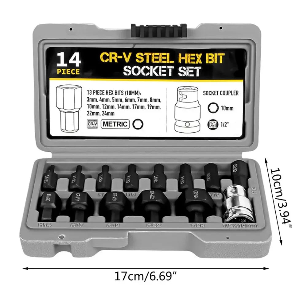 Allen Hex Bit Socket Set 14Pcs Hexagon Bit Socket 3-24mm Allen Key Hex Wrench Head Tool For Ratchet 1/2 inch Drive Screw Driver