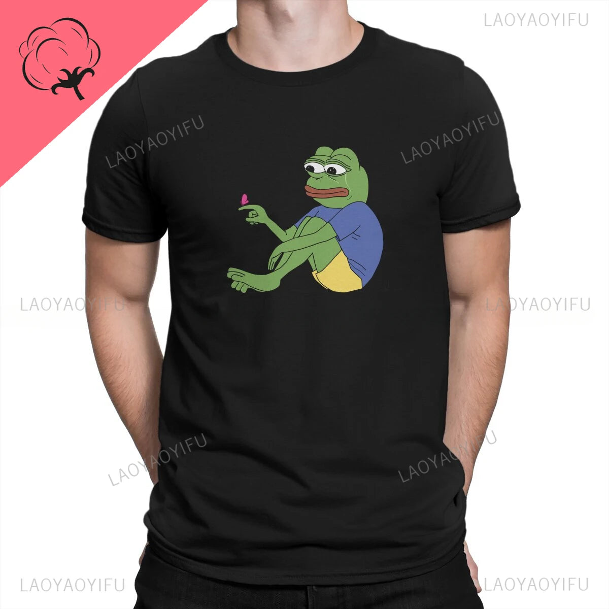 Butterfly Landing on Finger Man's Cotton TShirt Kawaii Pepe Frog Animal Crewneck Short Sleeve Humor Gift Idea Y2k T Shirt