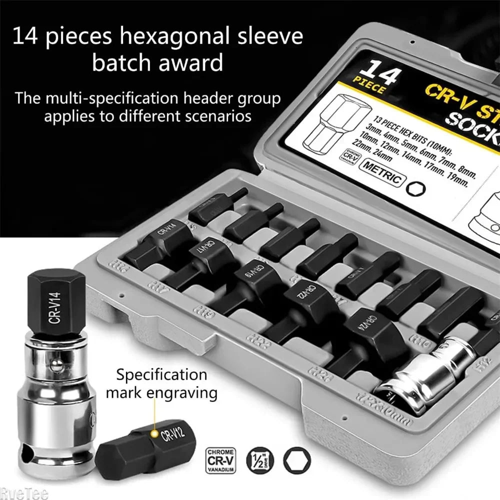 Allen Hex Bit Socket Set 14Pcs Hexagon Bit Socket 3-24mm Allen Key Hex Wrench Head Tool For Ratchet 1/2 inch Drive Screw Driver