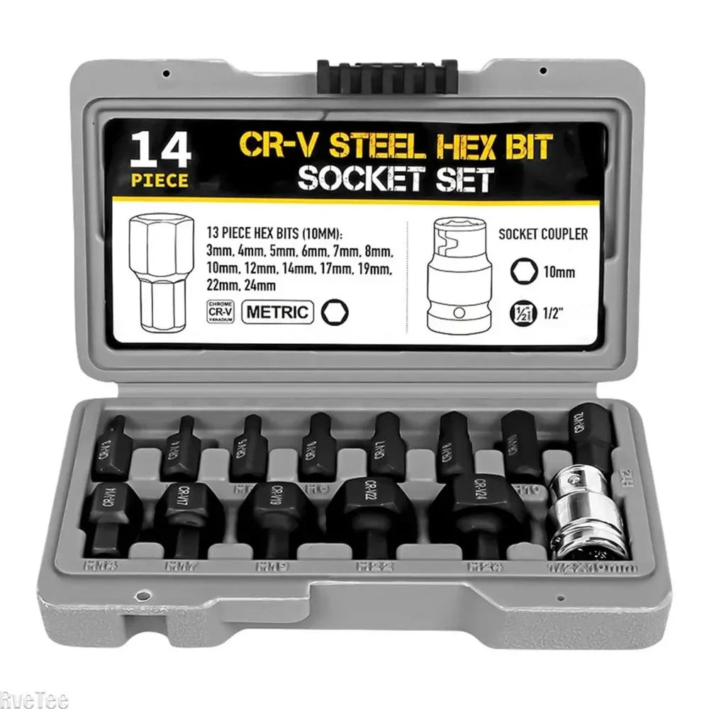 Allen Hex Bit Socket Set 14Pcs Hexagon Bit Socket 3-24mm Allen Key Hex Wrench Head Tool For Ratchet 1/2 inch Drive Screw Driver