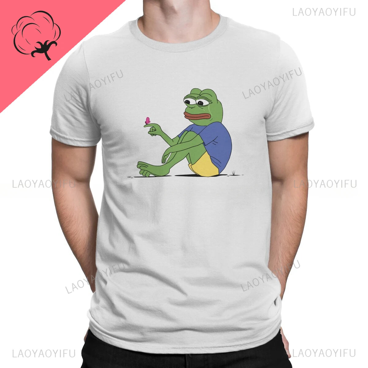 Butterfly Landing on Finger Man's Cotton TShirt Kawaii Pepe Frog Animal Crewneck Short Sleeve Humor Gift Idea Y2k T Shirt