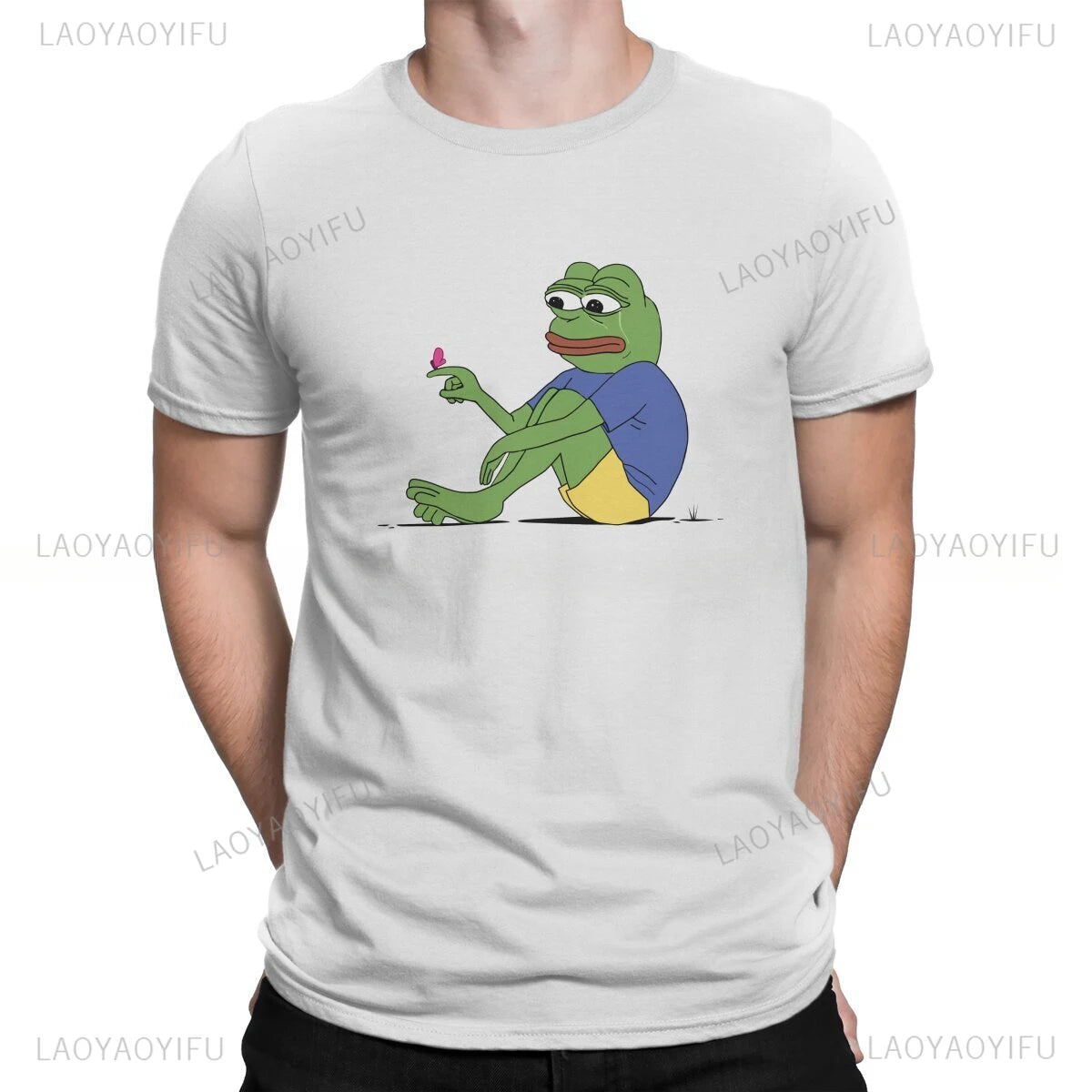 Butterfly Landing on Finger Man's Cotton TShirt Kawaii Pepe Frog Animal Crewneck Short Sleeve Humor Gift Idea Y2k T Shirt