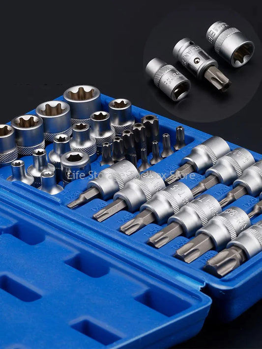 3/8 E Torx Star Socket Set Ratchet Socket Set Torque Wrench Head Set Car Repair Hand Tools Female and Male End Kit Bits Drive